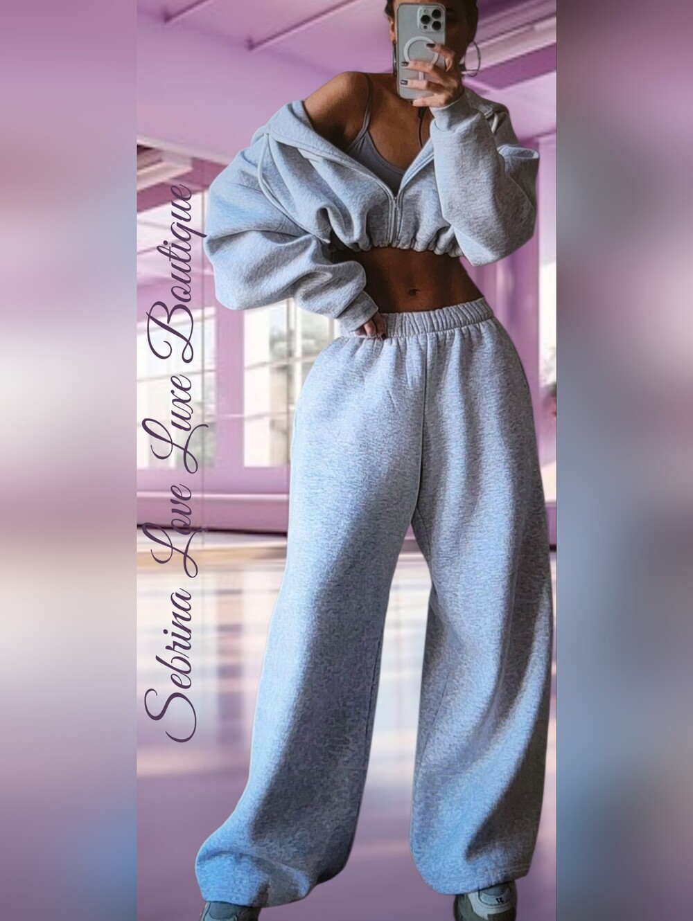 Cozy Gray 2pc Cropped Hoddie & Wide-Leg Jogger Sweatpant Set